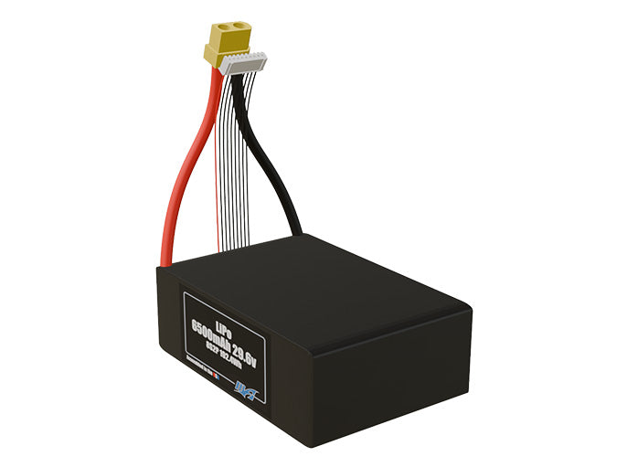 Angled product render of the 6500mAh sixteen-cell LiPo pack. A lightweight energy source for UAV, drone, and robotic builds.
