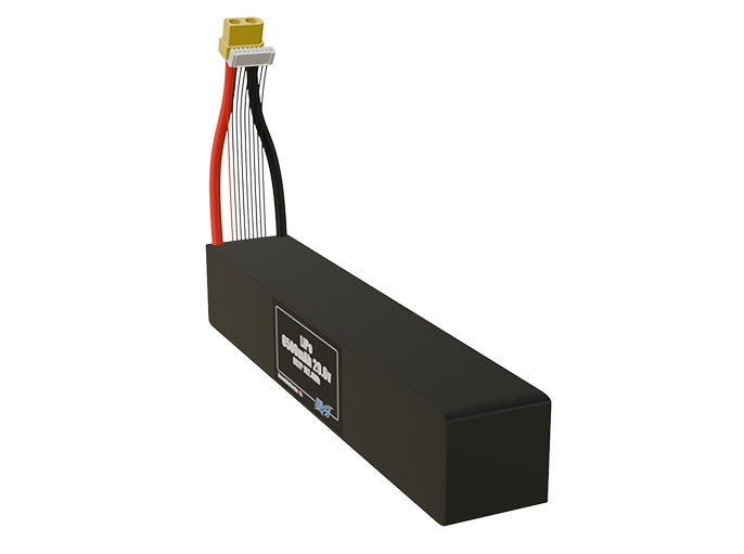 Angled product render of the 6500mAh sixteen-cell end to end LiPo pack. A lightweight energy source for UAV, drone, and robotic builds.