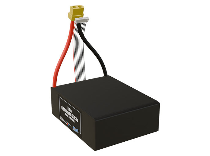 Angled product render of the 6500mAh eighteen-cell LiPo pack. A lightweight energy source for UAV, drone, and robotic builds.
