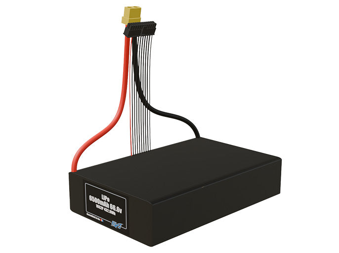 Angled product render of the 6500mAh thirty-six-cell LiPo pack. A lightweight energy source for UAV, drone, and robotic builds.