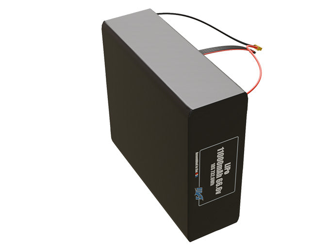 Side-angle render of a 66.6-volt 11000mAh lithium-polymer battery, assembled in the USA for compact UAV, drone, and military robotics platforms.