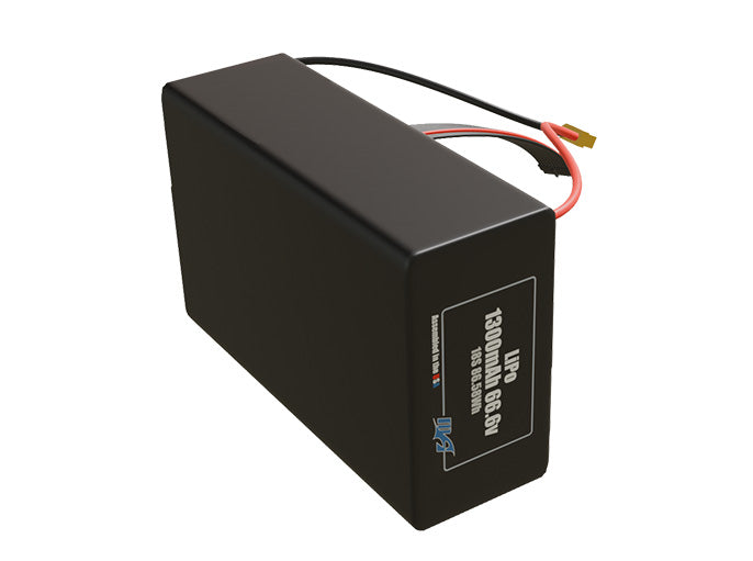 Side-angle render of a 66.6-volt 1300mAh lithium-polymer battery, assembled in the USA for compact UAV, drone, and military robotics platforms.
