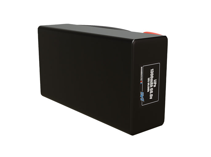 Side-angle render of a 66.6-volt 1300mAh lithium-polymer battery, assembled in the USA for compact UAV, drone, and military robotics platforms.