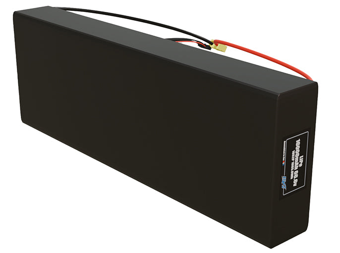 Side-angle render of a 66.6-volt 16000mAh lithium-polymer battery, assembled in the USA for compact UAV, drone, and military robotics platforms.