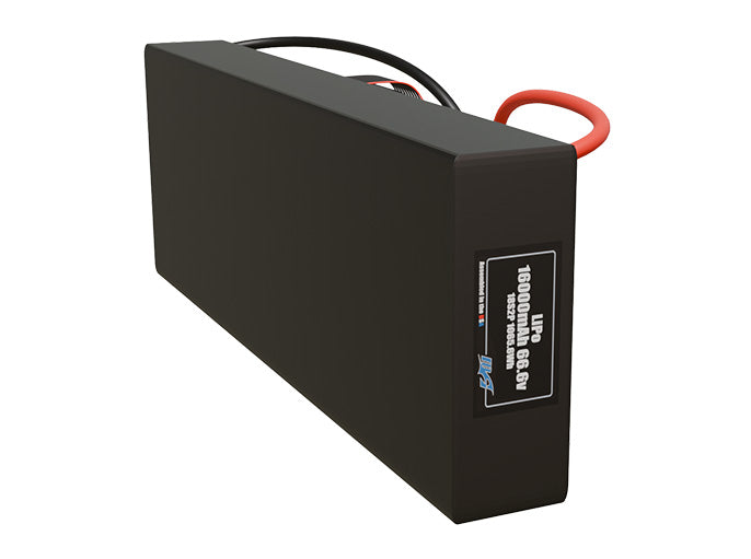 Side-angle render of a 66.6-volt 16000mAh lithium-polymer battery, assembled in the USA for compact UAV, drone, and military robotics platforms.