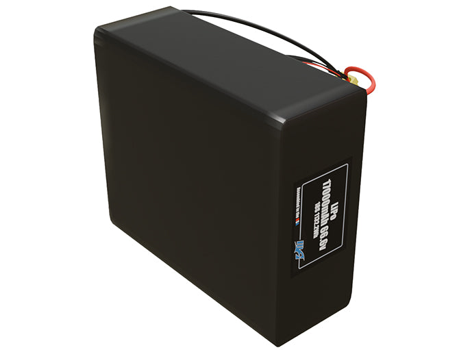 Side-angle render of a 66.6-volt 17000mAh lithium-polymer battery, assembled in the USA for compact UAV, drone, and military robotics platforms.