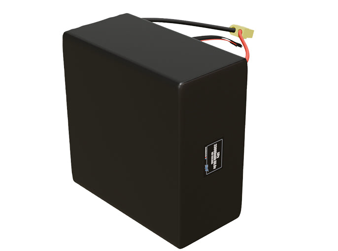 Side-angle render of a 66.6-volt 23000mAh lithium-polymer battery, assembled in the USA for compact UAV, drone, and military robotics platforms.