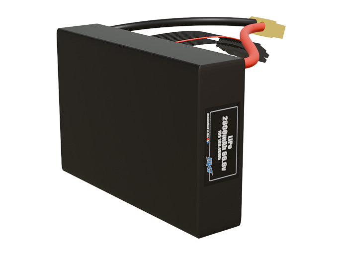 Side-angle render of a 66.6-volt 2800mAh lithium-polymer battery, assembled in the USA for compact UAV, drone, and military robotics platforms.