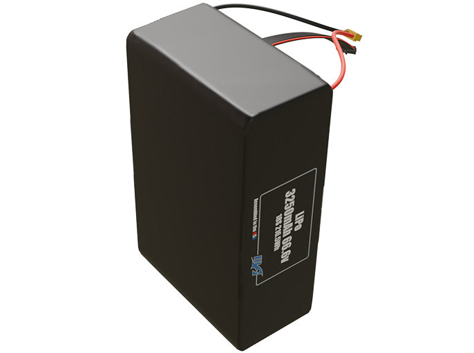 Side-angle render of a 66.6-volt 3250mAh lithium-polymer battery, assembled in the USA for compact UAV, drone, and military robotics platforms.