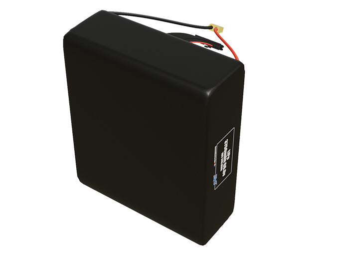 Side-angle render of a 66.6-volt 3750mAh lithium-polymer battery, assembled in the USA for compact UAV, drone, and military robotics platforms.
