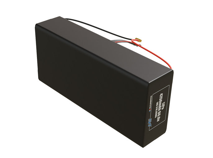 Side-angle render of a 66.6-volt 4750mAh lithium-polymer battery, assembled in the USA for compact UAV, drone, and military robotics platforms.