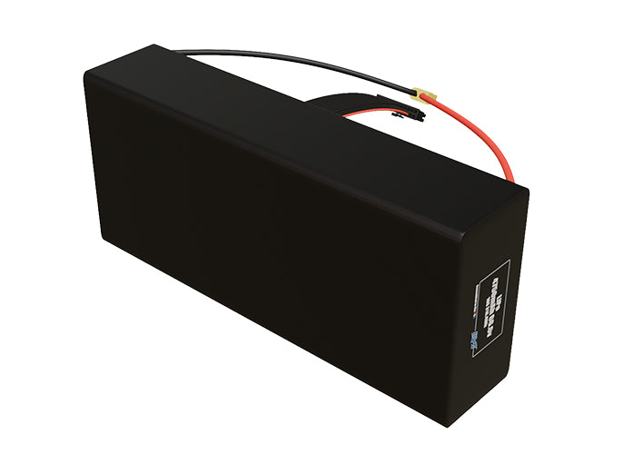 Side-angle render of a 66.6-volt 4750mAh lithium-polymer battery, assembled in the USA for compact UAV, drone, and military robotics platforms.