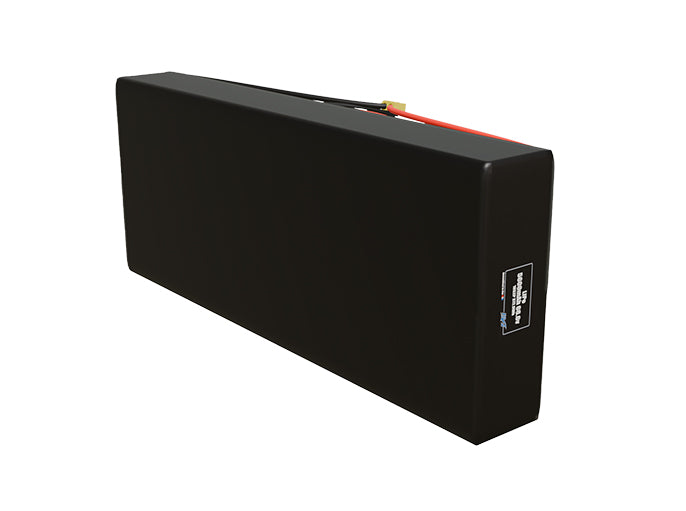Side-angle render of a 66.6-volt 5600mAh lithium-polymer battery, assembled in the USA for compact UAV, drone, and military robotics platforms.