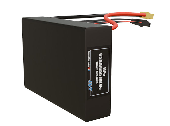Side-angle render of a 66.6-volt 6500mAh lithium-polymer battery, assembled in the USA for compact UAV, drone, and military robotics platforms.