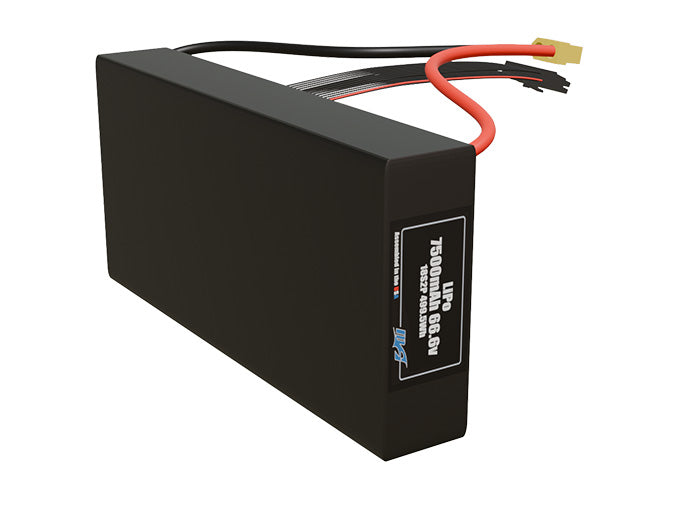 Side-angle render of a 66.6-volt 7500mAh lithium-polymer battery, assembled in the USA for compact UAV, drone, and military robotics platforms.