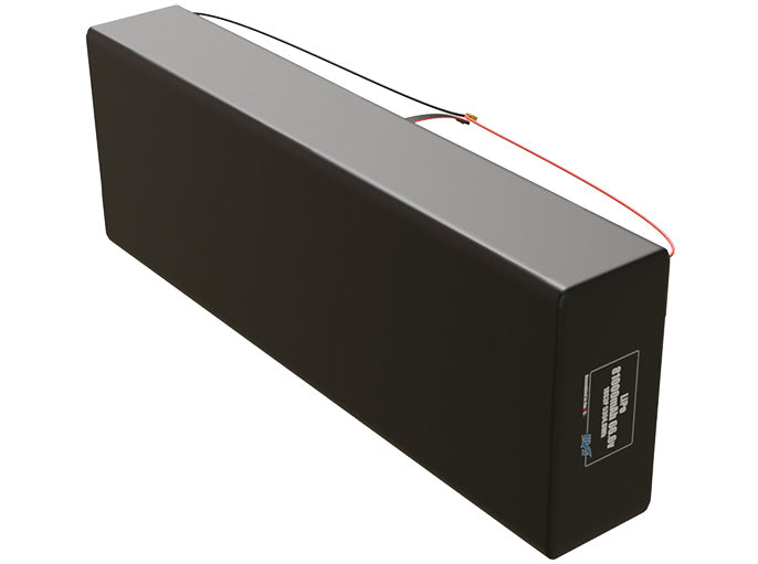 Side-angle render of a 66.6-volt 81000mAh lithium-polymer battery, assembled in the USA for compact UAV, drone, and military robotics platforms.