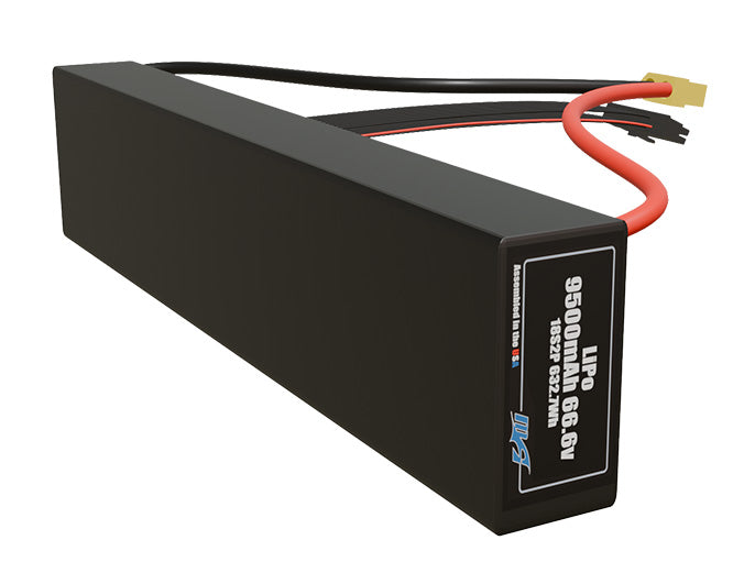 Side-angle render of a 66.6-volt 9500mAh lithium-polymer battery, assembled in the USA for compact UAV, drone, and military robotics platforms.