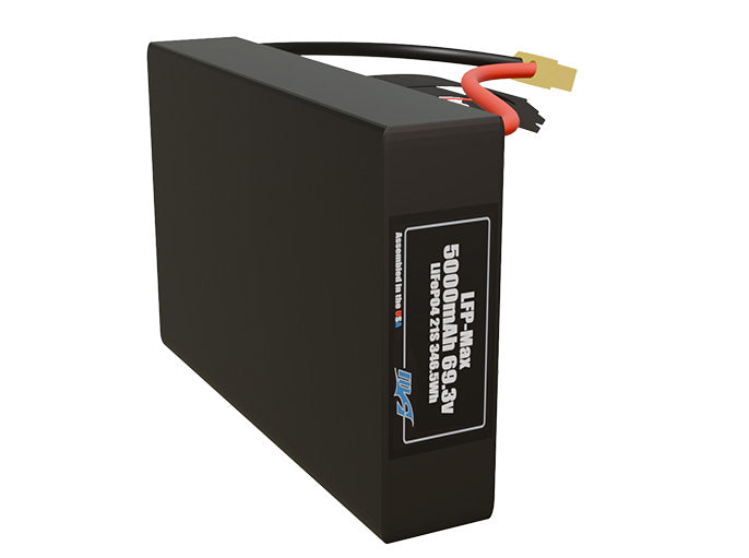 Side-angle render of a 69.3-volt 5000mAh lithium-iron-phosphate battery, assembled in the USA for compact UAV, drone, and military robotics platforms.