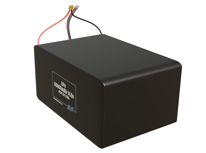 Angled product render of the 69000mAh 12-cell LiPo pack. A lightweight energy source for UAV, drone, and robotic builds.