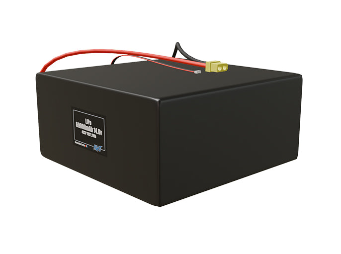 Angled product render of the 69000mAh 12-cell LiPo pack. A lightweight energy source for UAV, drone, and robotic builds.
