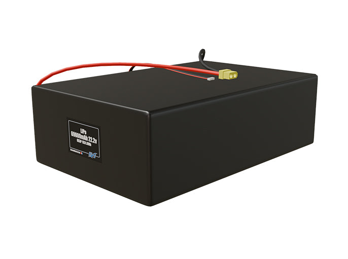 Angled product render of the 69000mAh 18-cell LiPo pack. A lightweight energy source for UAV, drone, and robotic builds.