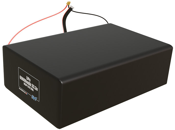 Angled product render of the 69000mAh 27-cell LiPo pack. A lightweight energy source for UAV, drone, and robotic builds.