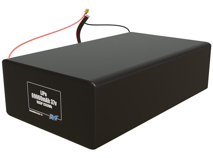 Angled product render of the 69000mAh 30-cell LiPo pack. A lightweight energy source for UAV, drone, and robotic builds.