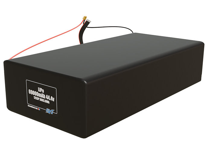 Angled product render of the 69000mAh 36-cell LiPo pack. A lightweight energy source for UAV, drone, and robotic builds.