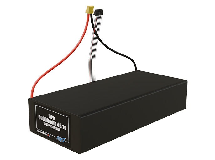 Angled product render of the 69000mAh 39-cell LiPo pack. A lightweight energy source for UAV, drone, and robotic builds.