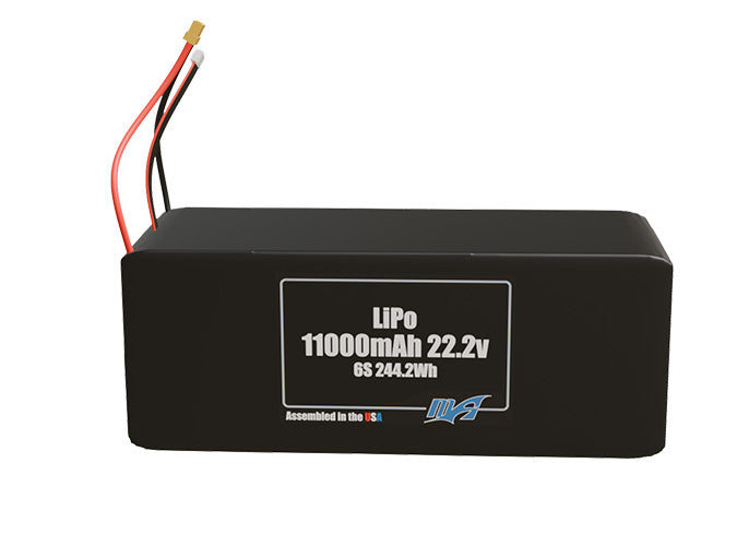 Front-facing render of the 22.2V 11000mAh 6S LiPo battery, assembled in the USA by maxamps, for drone and robotics applications.