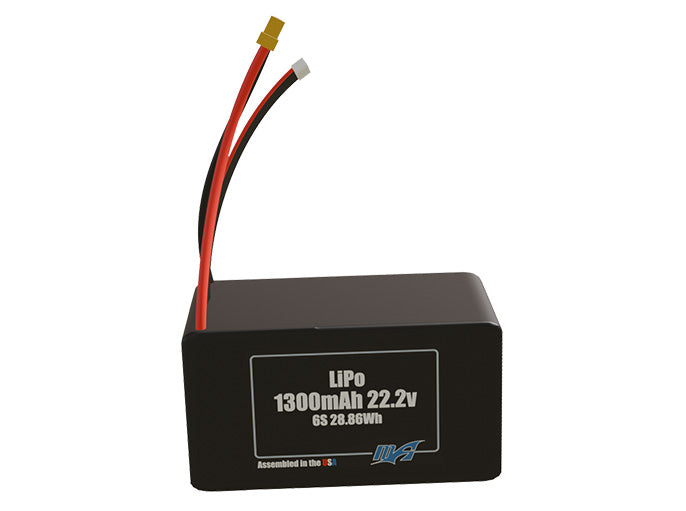 Front-facing render of the 22.2V 1300mAh 6S LiPo battery, assembled in the USA by maxamps, for drone and robotics applications.