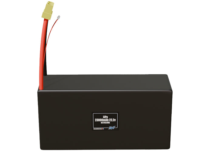 Front-facing render of the 22.2V 23000mAh 6S LiPo battery, assembled in the USA by maxamps, for drone and robotics applications.