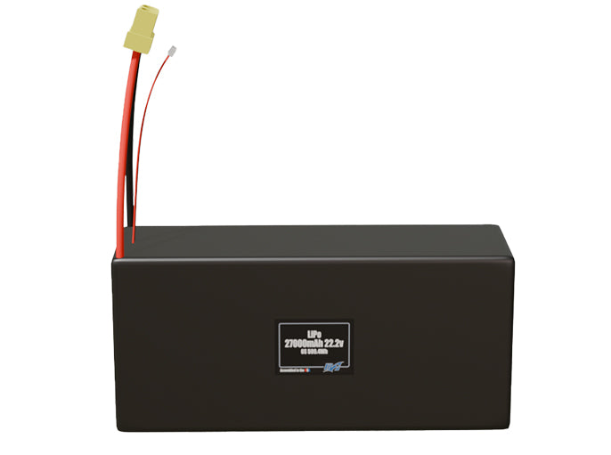 Front-facing render of the 22.2V 27000mAh 6S LiPo battery, assembled in the USA by maxamps, for drone and robotics applications.