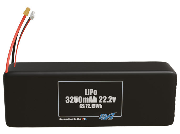 Front-facing render of the 22.2V 3250mAh 6S LiPo battery, assembled in the USA by maxamps, for drone and robotics applications.
