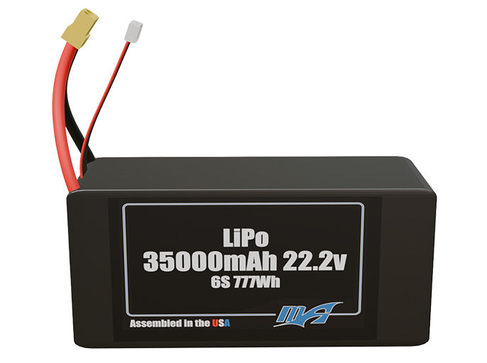 Front-facing render of the 22.2V 35000mAh 6S LiPo battery, assembled in the USA by maxamps, for drone and robotics applications.