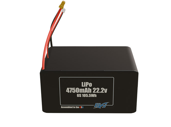 Front-facing render of the 22.2V 4750mAh 6S LiPo battery, assembled in the USA by maxamps, for drone and robotics applications.