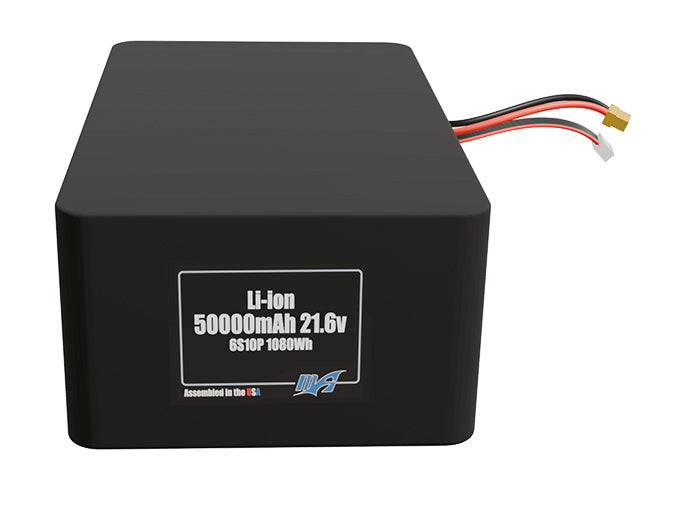 Front-facing render of the 21.6V 50000mAh 6S10P Lithium-Ion battery, assembled in the USA by maxamps, for drone and robotics applications.