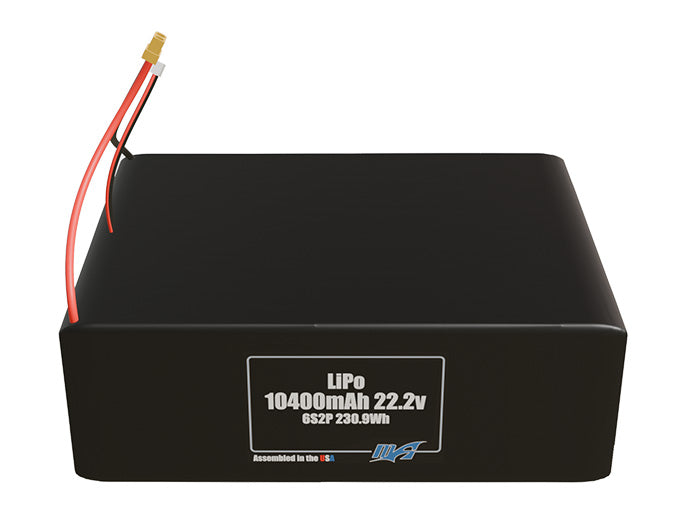 Front-facing render of the 22.2V 10400mAh 6S2P LiPo battery, assembled in the USA by maxamps, for drone and robotics applications.