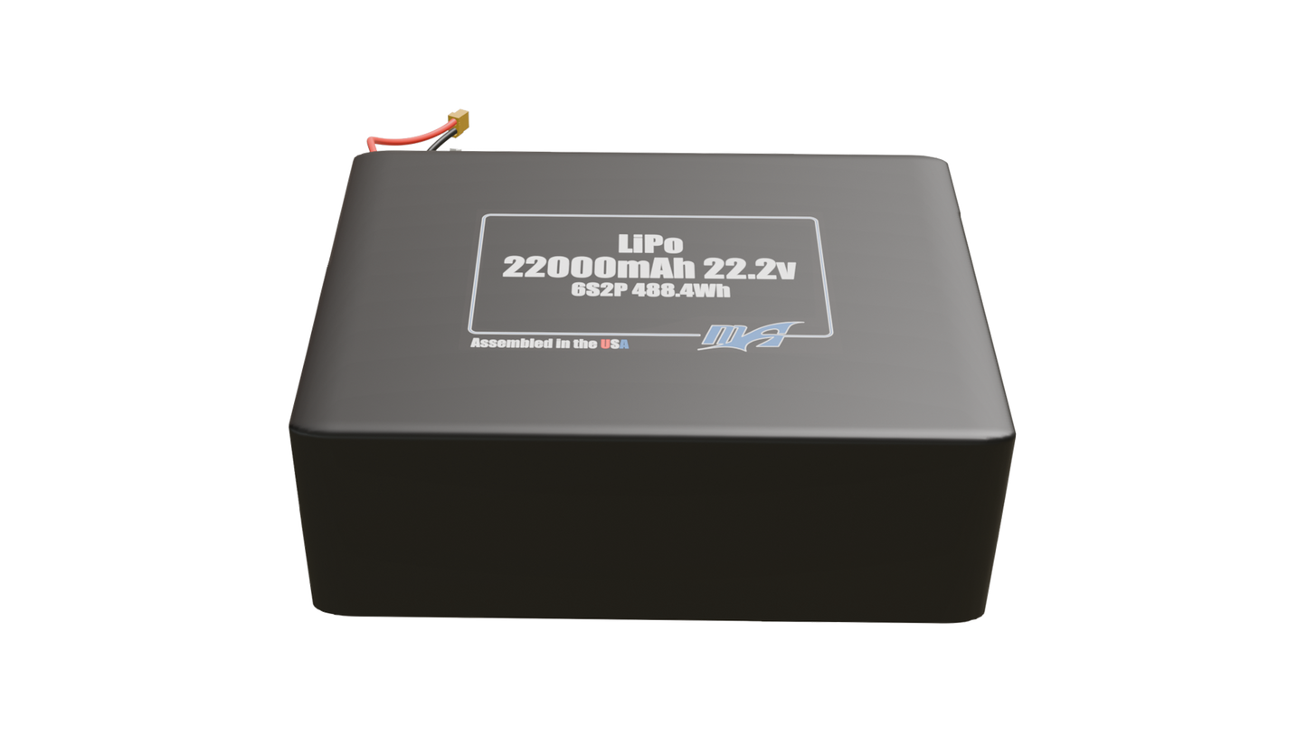 Front-facing render of the 22.2V 22000mAh 6S2P LiPo battery, assembled in the USA by maxamps, for drone and robotics applications.