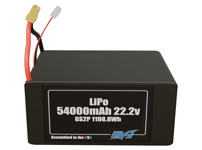 Front-facing render of the 22.2V 54000mAh 6S2P LiPo battery, assembled in the USA by maxamps, for drone and robotics applications.