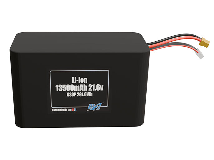 Front-facing render of the 21.6V 13500mAh 6S3P Lithium-Ion battery, assembled in the USA by maxamps, for drone and robotics applications.