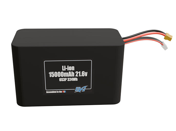 Front-facing render of the 21.6V 15000mAh 6S3P Lithium-Ion battery, assembled in the USA by maxamps, for drone and robotics applications.