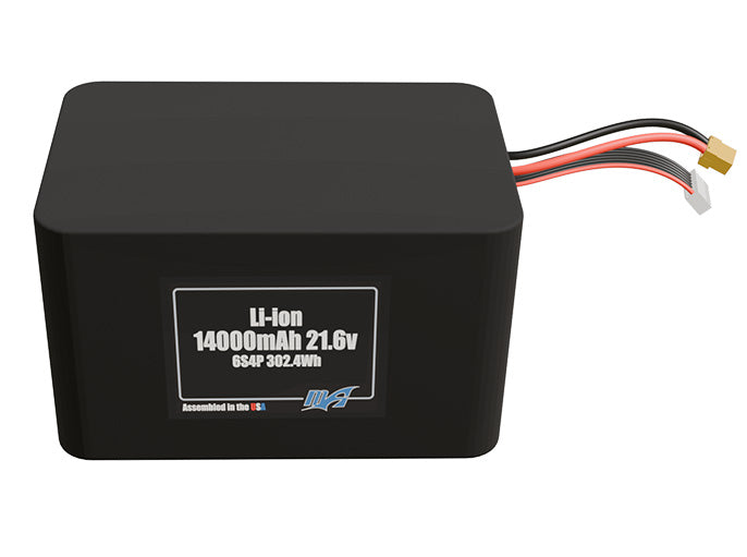 Front-facing render of the 21.6V 14000mAh 6S4P Lithium-Ion battery, assembled in the USA by maxamps, for drone and robotics applications.