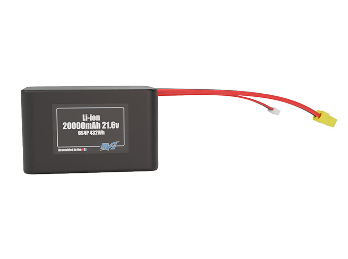 Front-facing render of the 21.6V 20000mAh 6S4P Lithium-Ion battery, assembled in the USA by maxamps, for drone and robotics applications.