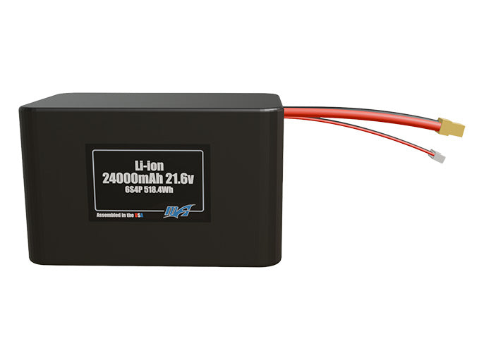 Front-facing render of the 21.6V 24000mAh 6S4P Lithium-Ion battery, assembled in the USA by maxamps, for drone and robotics applications.