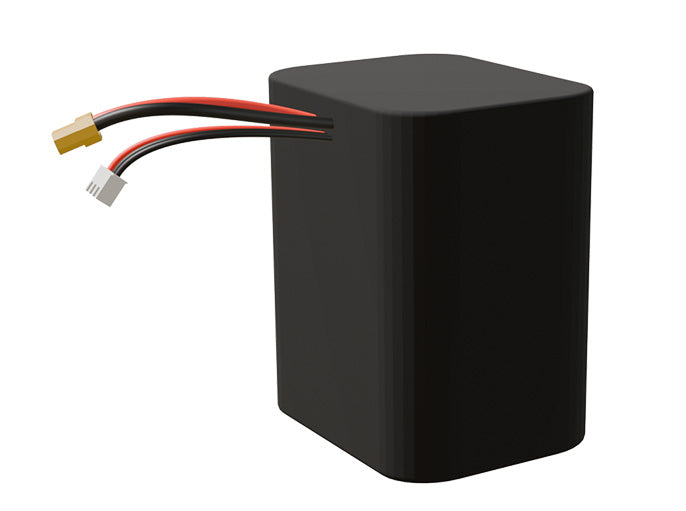 Side-angle render of a 7.2-volt 15000mAh lithium-ion battery, assembled in the USA for compact UAV, drone, and military robotics platforms.