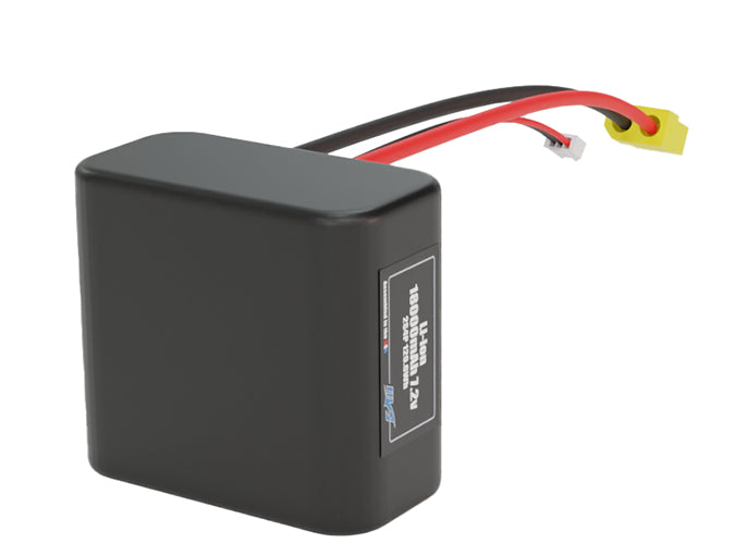 Side-angle render of a 7.2-volt 18000mAh lithium-ion battery, assembled in the USA for compact UAV, drone, and military robotics platforms.