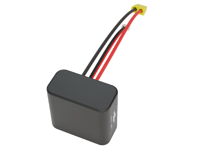 Side-angle render of a 7.2-volt 20000mAh lithium-ion battery, assembled in the USA for compact UAV, drone, and military robotics platforms.