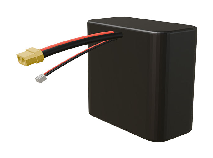Side-angle render of a 7.2-volt 24000mAh lithium-ion battery, assembled in the USA for compact UAV, drone, and military robotics platforms.