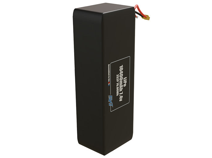 Side-angle render of a 7.4-volt 10400mAh lithium-polymer battery, assembled in the USA for compact UAV, drone, and military robotics platforms.